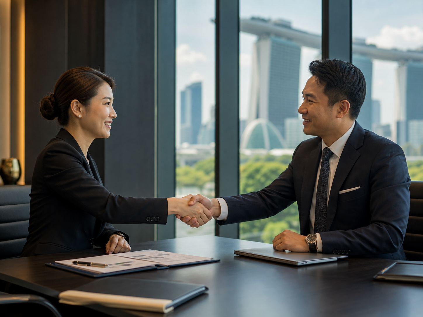 Asian business partners shaking hands during a meeting